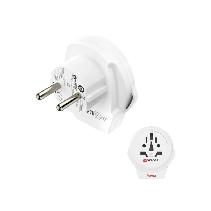 Adaptateur de voyage Hama type E et prise Schuko - Puissance jusqu'à 2500 W - Femelle universelle - Tension 100-250 V - Blanc