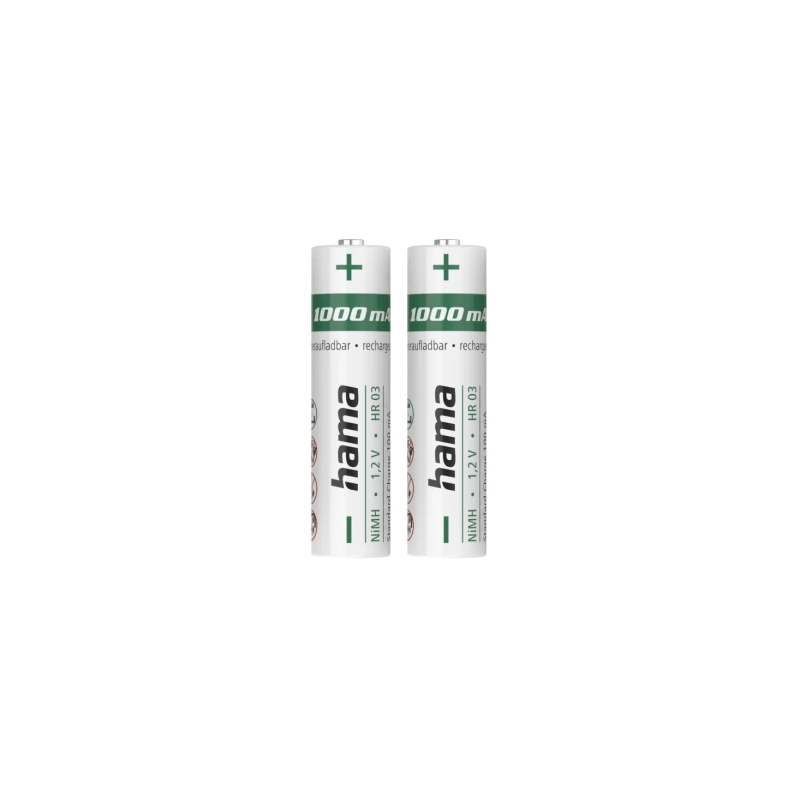 Hama Lot de 2 piles rechargeables AAA - NiMH - Tension 1,2 V - 1000 mAh - Blanches