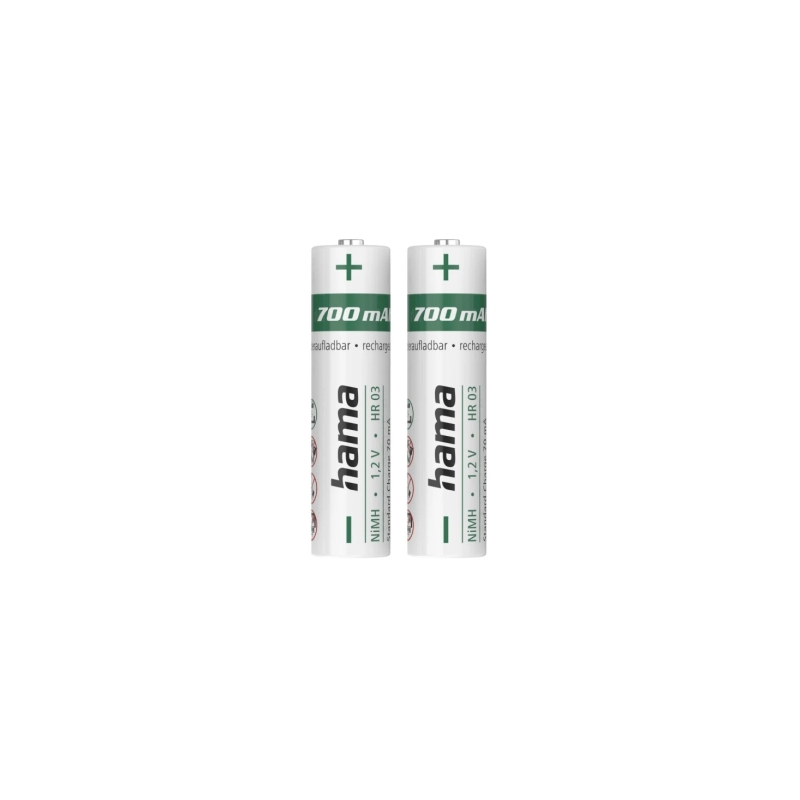 Lot de 2 piles rechargeables AAA Hama - NiMH - Tension 1,2 V - 700 mAh - Blanches