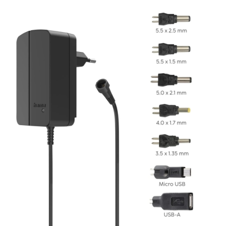 Alimentation multi-appareils Hama - Puissance 18 W - Tension 12 V - Indicateur LED - 7 adaptateurs - Courant maximal 1,5 A - Ten