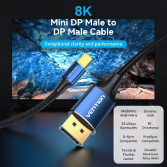 Câble Vention DisplayPort 1.4 8K - Longueur : 1,5 m - Gaine PVC tressée en coton - Connecteurs DP mâle vers MiniDP mâle - Connec