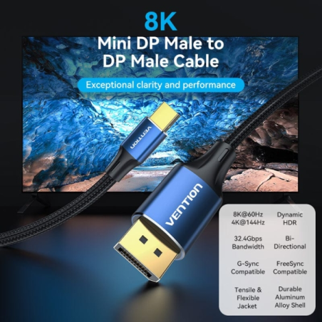 Câble Vention DisplayPort 1.4 8K - Longueur : 1,5 m - Gaine PVC tressée en coton - Connecteurs DP mâle vers MiniDP mâle - Connec