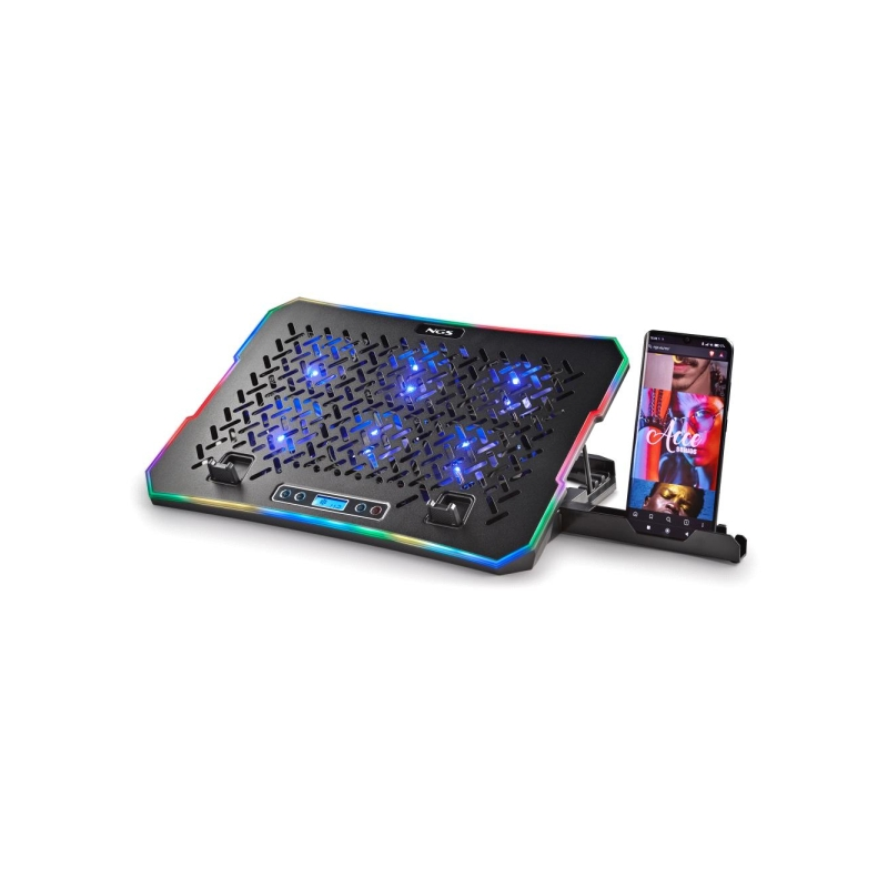 Station de refroidissement NGS HeroStand pour ordinateurs portables jusqu'à 15,6" - 6 ventilateurs avec LED bleue - Écran LCD av