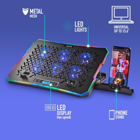 Station de refroidissement NGS HeroStand pour ordinateurs portables jusqu'à 15,6" - 6 ventilateurs avec LED bleue - Écran LCD av