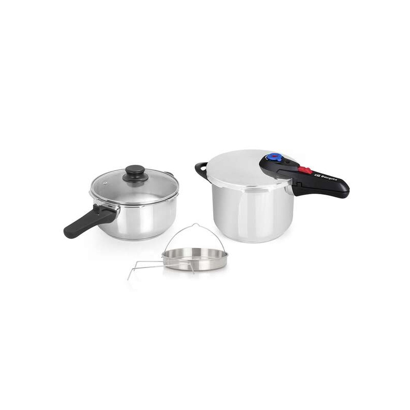 Orbegozo HP 4566 Cuiseur Rapide en Acier Inoxydable - Deux Casseroles avec Système de Sécurité - Fond Thermo Diffuseur - Sélecte