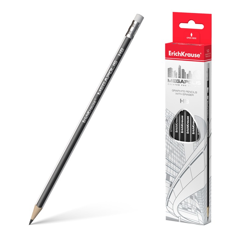 Crayon graphite triangulaire HB avec gomme - Erichkrause - Noir