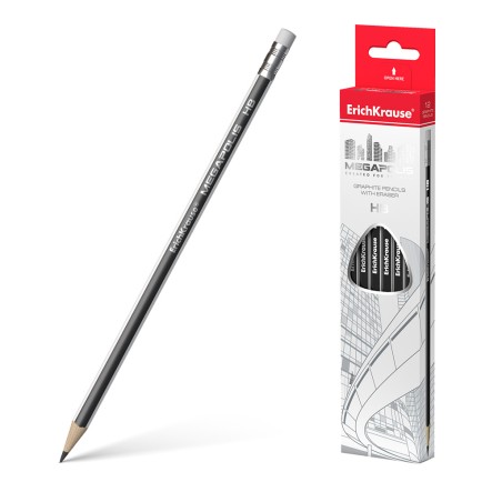 ✅ LOT de 12 Erichkrause Megapolis HB - Crayon graphite triangulaire avec gomme - Bois sélectionné - Dureté HB en stock