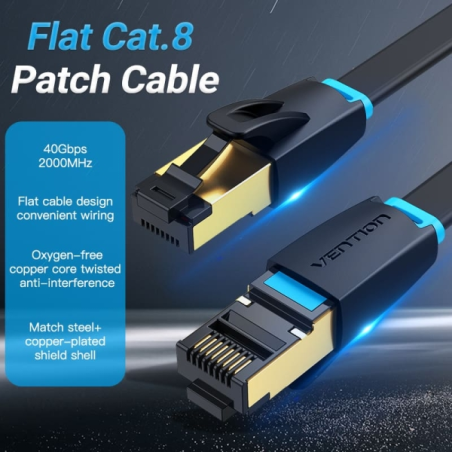 Câble réseau Vention Cat.8 UTP - Longueur : 1,5 m - Vitesse jusqu'à 40 Gbit/s - Calibre : 30 AWG - Connecteurs plaqués or - Noir