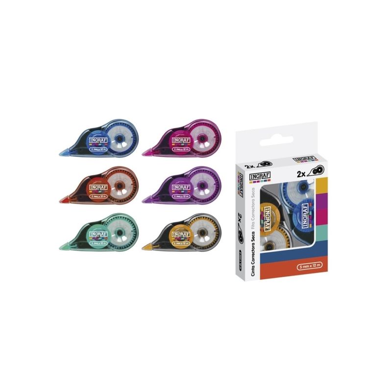 Lot de 2 rubans correcteurs Ingraf Mediterraneo 5 mm x 12 m - Adhérence parfaite au papier - Corps de couleurs assorties