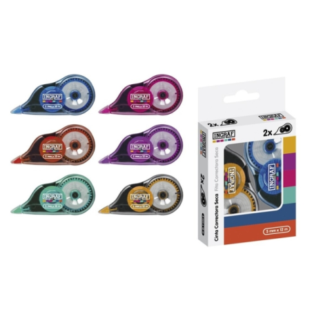 Lot de 2 rubans correcteurs Ingraf Mediterraneo 5 mm x 12 m - Adhérence parfaite au papier - Corps de couleurs assorties