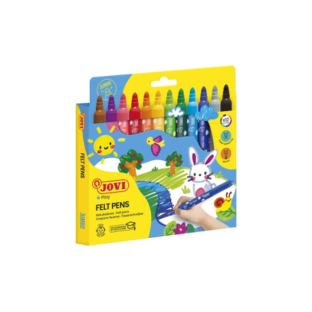 Jovi Étui de 12 Feutres Jumbo - Encre Excellente Fixation - Pointe 3 mm - Capuchon de Sécurité Ventilé - Prise Triangulaire Ergo