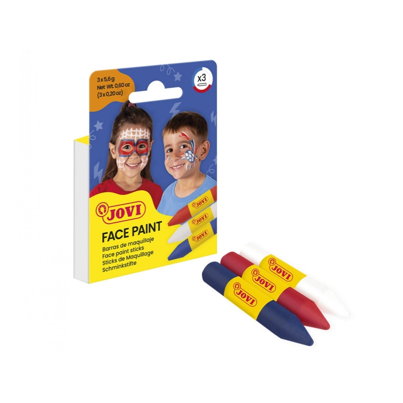 Jovi Face Paint Adventure, lot de 3 bâtons de maquillage – Pour tous types de peau – Facile à nettoyer – Blanc, rouge et bleu