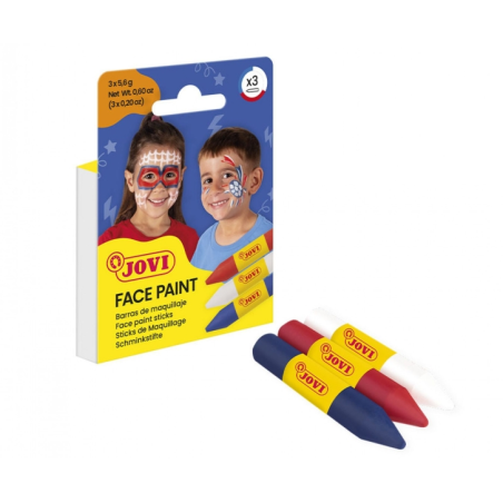 Jovi Face Paint Adventure, lot de 3 bâtons de maquillage – Pour tous types de peau – Facile à nettoyer – Blanc, rouge et bleu