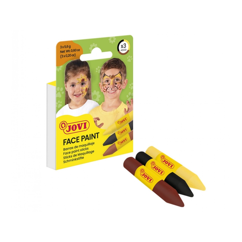 Lot de 3 bâtons de maquillage Jovi Face Paint Animal - Pour tous types de peau - Faciles à nettoyer - Jaune, marron et noir