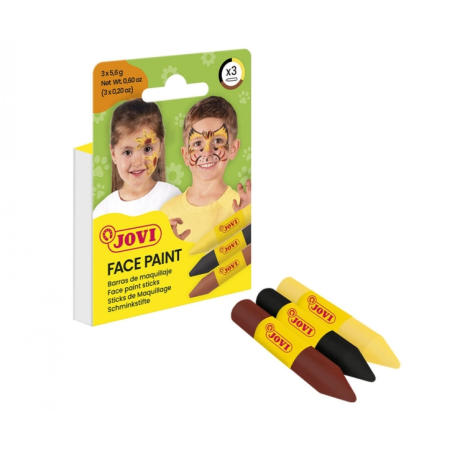 Lot de 3 bâtons de maquillage Jovi Face Paint Animal - Pour tous types de peau - Faciles à nettoyer - Jaune, marron et noir