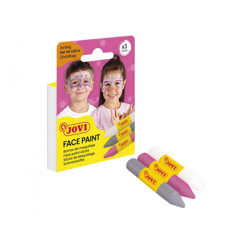 Lot de 3 bâtons de maquillage Jovi Face Paint Fantasy - Pour tous types de peau - Faciles à nettoyer - Blanc, rose et gris