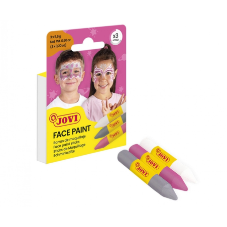 Lot de 3 bâtons de maquillage Jovi Face Paint Fantasy - Pour tous types de peau - Faciles à nettoyer - Blanc, rose et gris