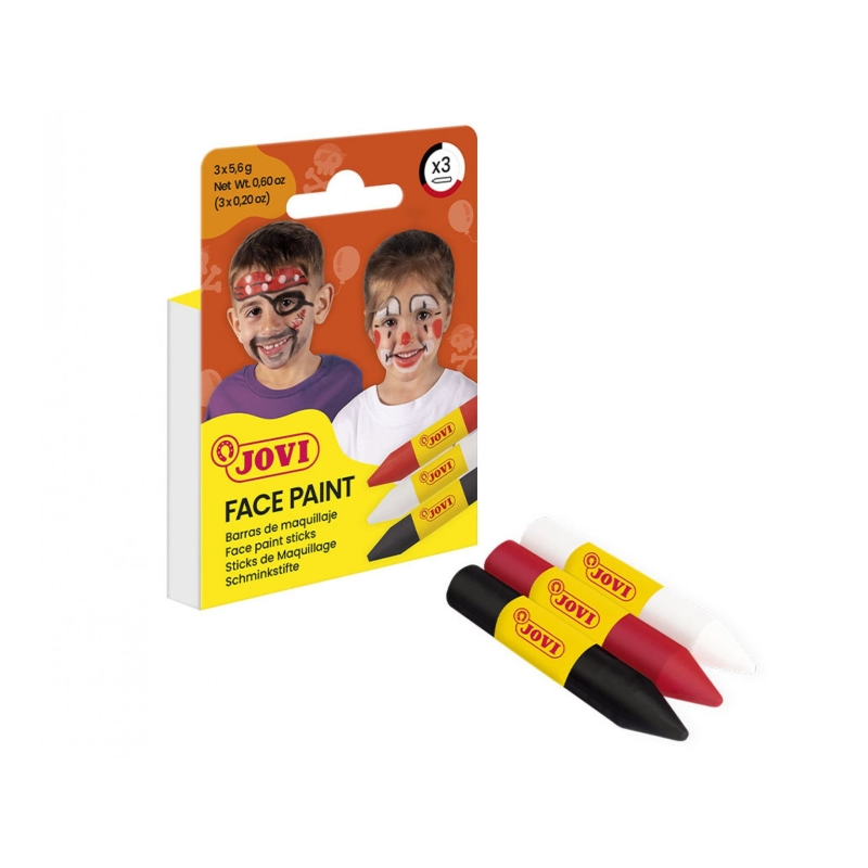 Lot de 3 bâtons de maquillage Jovi Face Paint Scary - Pour tous types de peau - Faciles à nettoyer - Blanc, rouge et noir