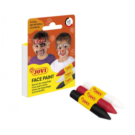 Lot de 3 bâtons de maquillage Jovi Face Paint Scary - Pour tous types de peau - Faciles à nettoyer - Blanc, rouge et noir