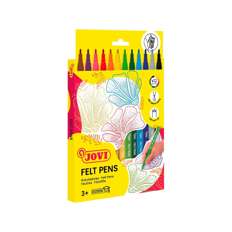 Feutres Jovi, lot de 12 pièces - Pointe 2 mm - Large choix de couleurs - Encre haute définition - Capuchon de sécurité ventilé -