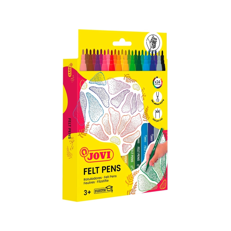 Feutres Jovi, lot de 24 pièces - Pointe 2 mm - Large choix de couleurs - Encre haute définition - Capuchon de sécurité ventilé -