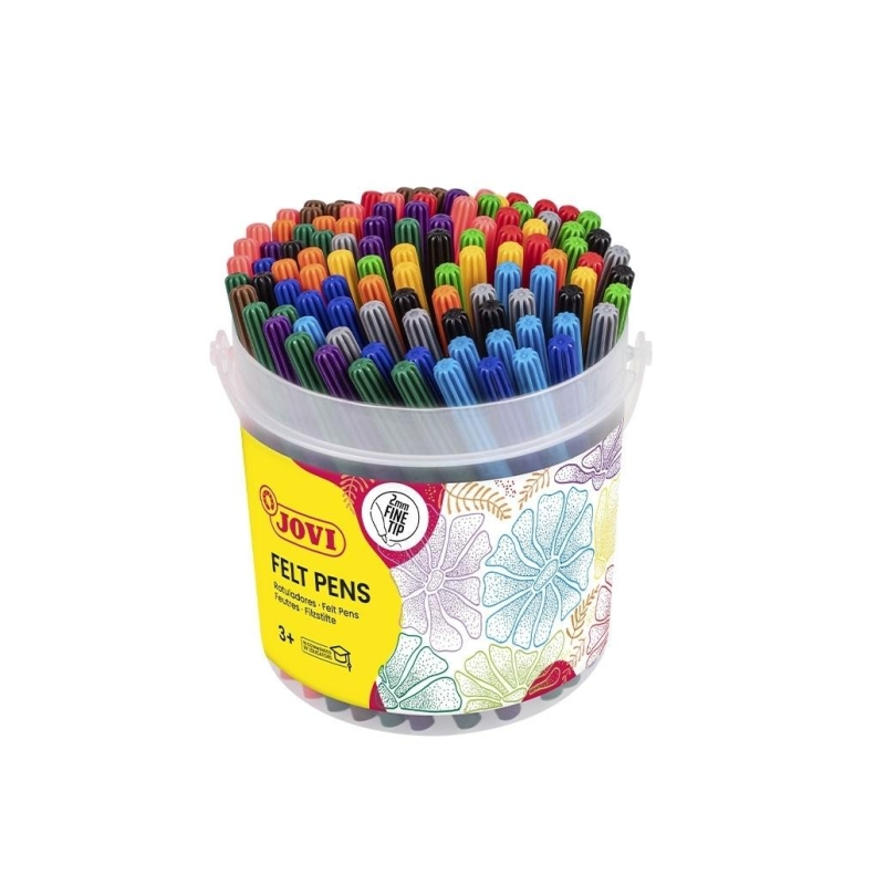 Pot de feutres Jovi avec 120 marqueurs - Pointe 2 mm - Encre haute adhérence - Bouchon de sécurité ventilé - Couleurs assorties