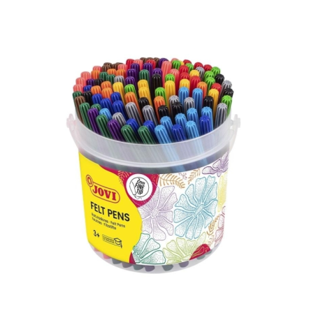 Pot de feutres Jovi avec 120 marqueurs - Pointe 2 mm - Encre haute adhérence - Bouchon de sécurité ventilé - Couleurs assorties