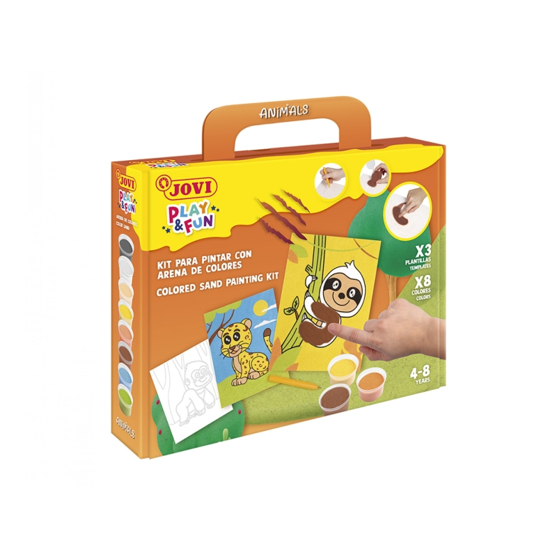 Kit de peinture avec sable Jovi Play & Fun Animaux avec 8 pots de sable + 1 perforatrice + 3 feuilles avec motifs d'animaux terr