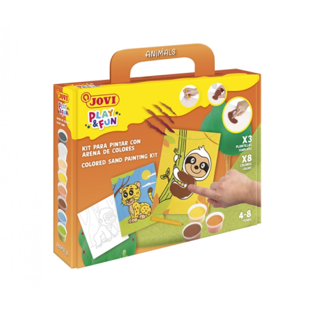 Kit de peinture avec sable Jovi Play & Fun Animaux avec 8 pots de sable + 1 perforatrice + 3 feuilles avec motifs d'animaux terr