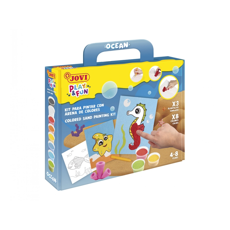Kit de peinture sur sable océanique Jovi Play & Fun avec 8 pots de sable + 1 perforatrice + 3 feuilles avec motifs d'animaux aqu