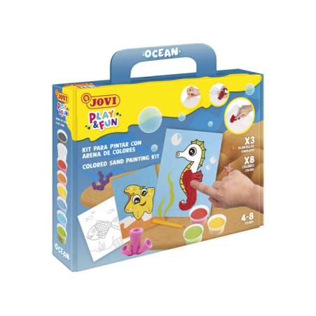 Kit de peinture sur sable océanique Jovi Play & Fun avec 8 pots de sable + 1 perforatrice + 3 feuilles avec motifs d'animaux aqu