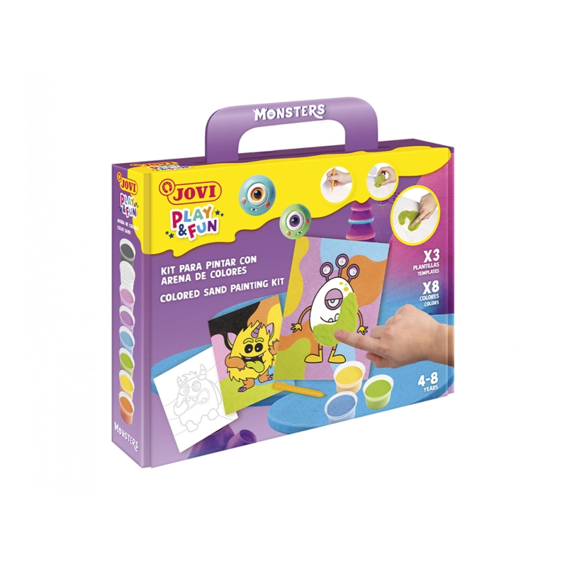 Kit de peinture et d'amusement Jovi Play & Fun Monsters avec 8 pots de sable + 1 perforatrice + 3 feuilles avec motifs de monstr