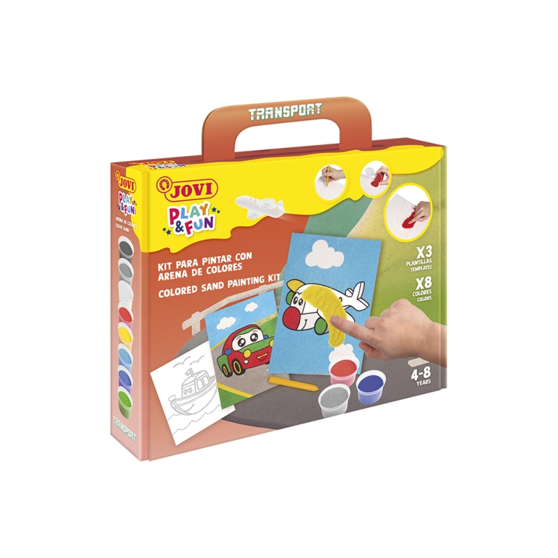 Kit de peinture sur sable Jovi Play & Fun Transport avec 8 pots de sable + 1 perforatrice + 3 feuilles avec motifs de transport