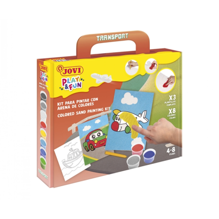 Kit de peinture sur sable Jovi Play & Fun Transport avec 8 pots de sable + 1 perforatrice + 3 feuilles avec motifs de transport