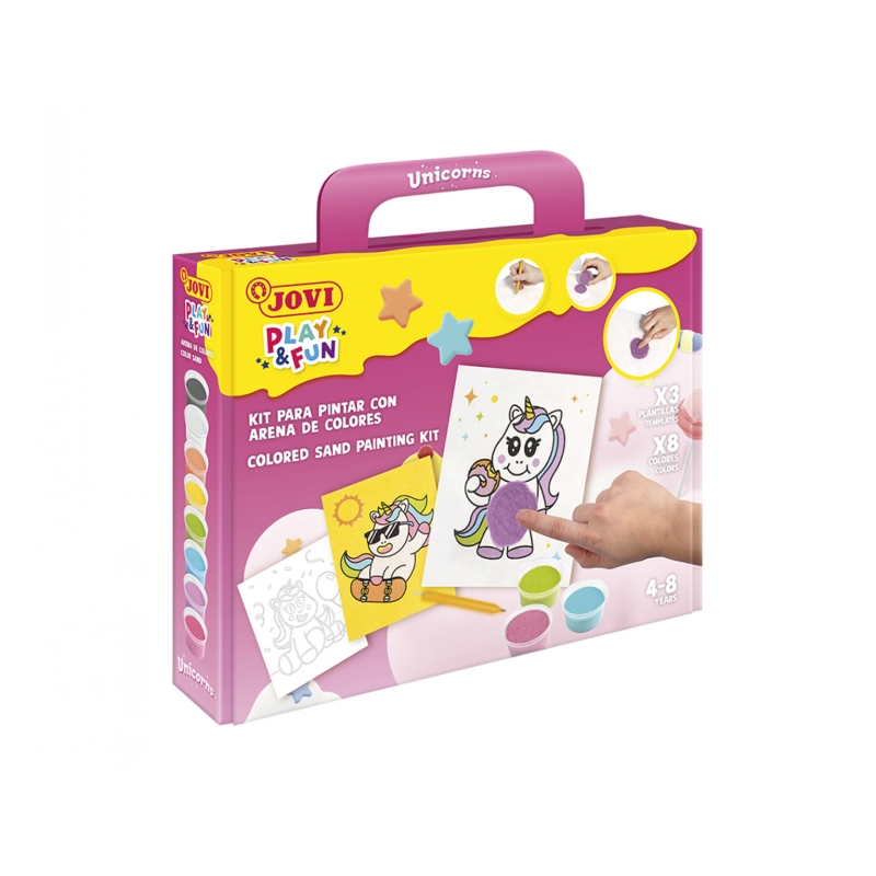 Kit de peinture avec sable Jovi Play & Fun Unicorns avec 8 pots de sable + 1 perforatrice + 3 feuilles avec motifs licornes - Co