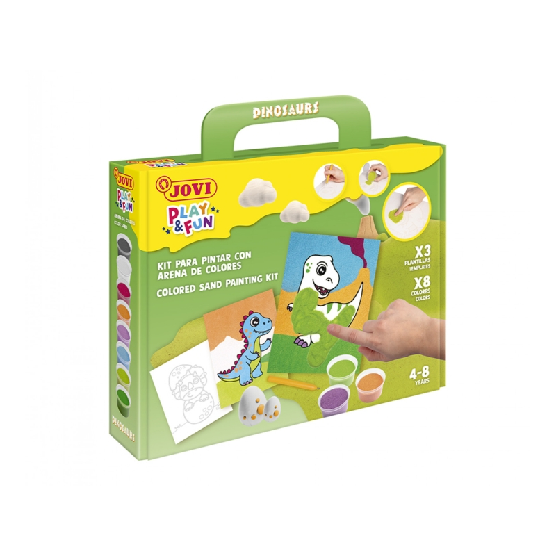 Kit de peinture avec du sable Jovi Play & Fun Dinosaures avec 8 pots de sable + 1 perforatrice + 3 feuilles avec motifs de dinos