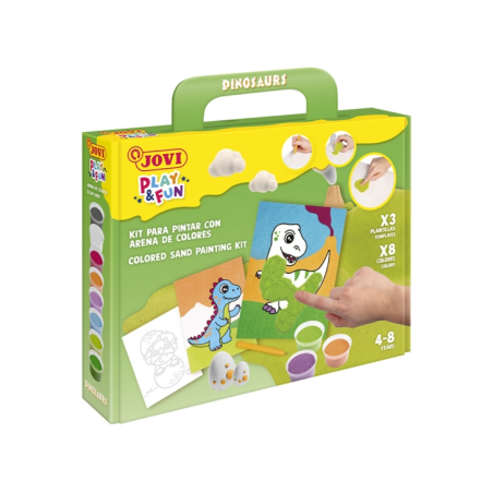 Kit de peinture avec du sable Jovi Play & Fun Dinosaures avec 8 pots de sable + 1 perforatrice + 3 feuilles avec motifs de dinos