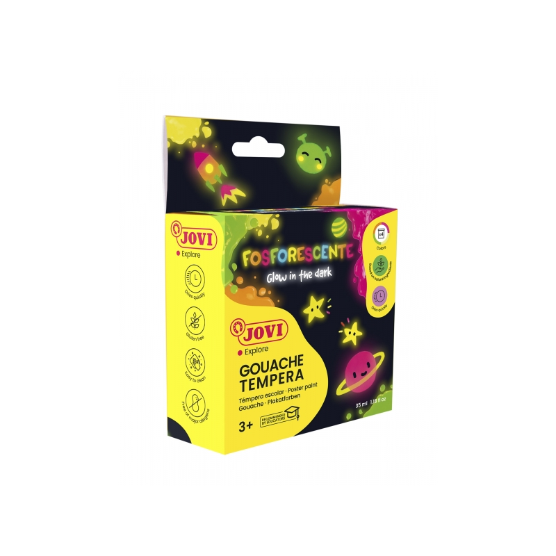 Jovi Gouache Lot de 4 pots de tempera 35 ml - Couleurs phosphorescentes - Brille dans le noir - Séchage rapide - Excellente adhé