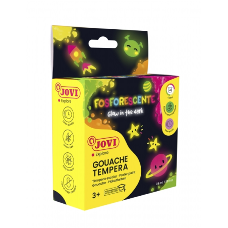 Jovi Gouache Lot de 4 pots de tempera 35 ml - Couleurs phosphorescentes - Brille dans le noir - Séchage rapide - Excellente adhé