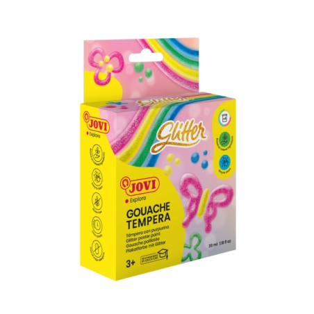 Jovi Glitter Gouache Lot de 4 bouteilles de tempera 35 ml – Tempera liquide à base d'eau – Particules pailletées – Excellente pe