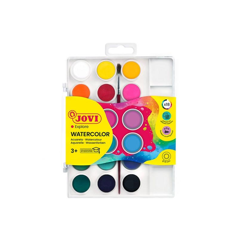 Pack Jovi de 18 aquarelles en godets de 22 mm + pinceau - Couleurs vives - Facilement miscibles - Assortiment de couleurs