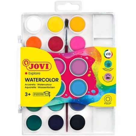 Pack Jovi de 18 aquarelles en godets de 22 mm + pinceau - Couleurs vives - Facilement miscibles - Assortiment de couleurs