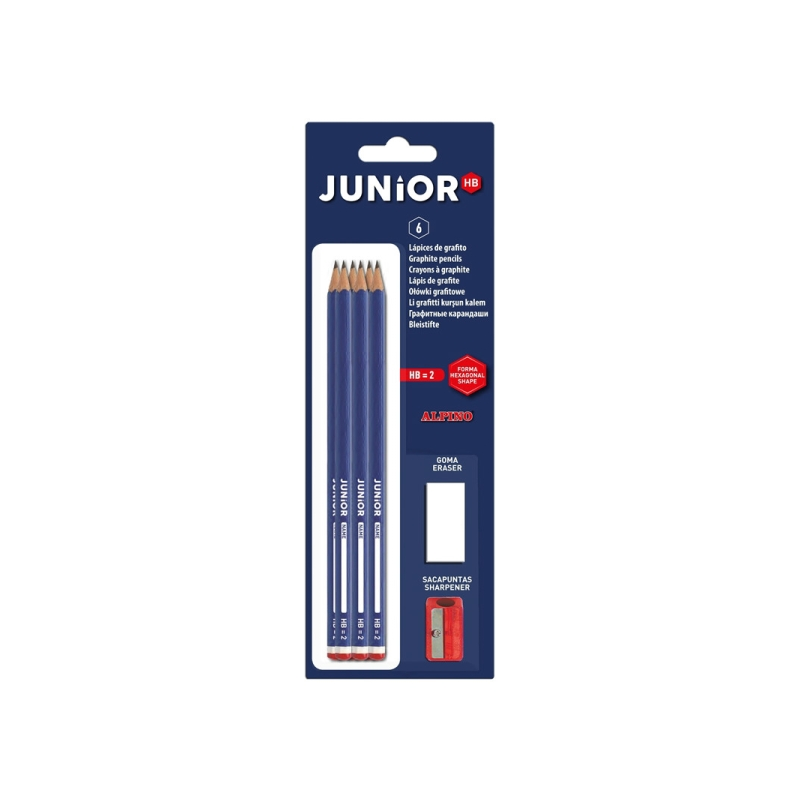 Blister Alpino Junior de 6 crayons graphite HB + taille-crayon + gomme - Espace pour le nom