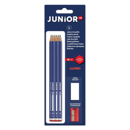Blister Alpino Junior de 6 crayons graphite HB + taille-crayon + gomme - Espace pour le nom