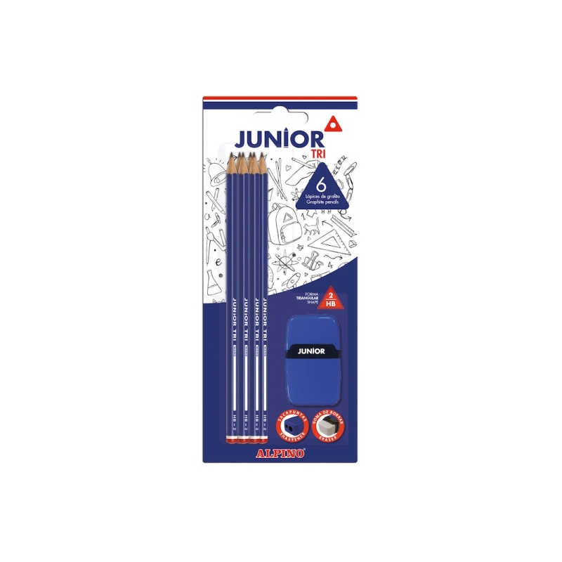 Blister Alpino Junior Tri de 6 crayons graphite HB + taille-crayon avec gomme - Espace pour le nom