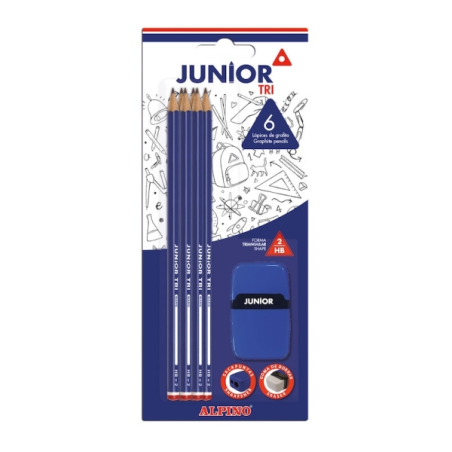 Blister Alpino Junior Tri de 6 crayons graphite HB + taille-crayon avec gomme - Espace pour le nom