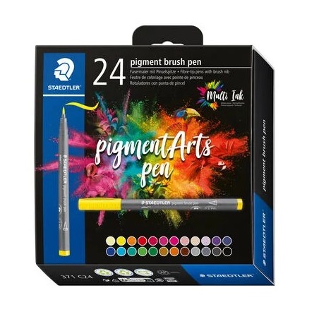 ✅ Staedtler 371 Lot de 24 marqueurs à pointe pinceau souple – Nouvelle encre multi-encre – Pigments de qual en stock