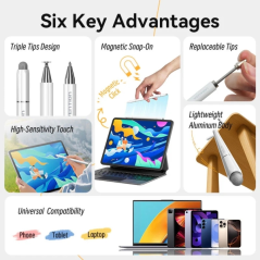 Stylet numérique 3-en-1 Vention pour tablettes et smartphones - Rechargeable - Acier inoxydable - Magnétique - Aluminium - Tripl