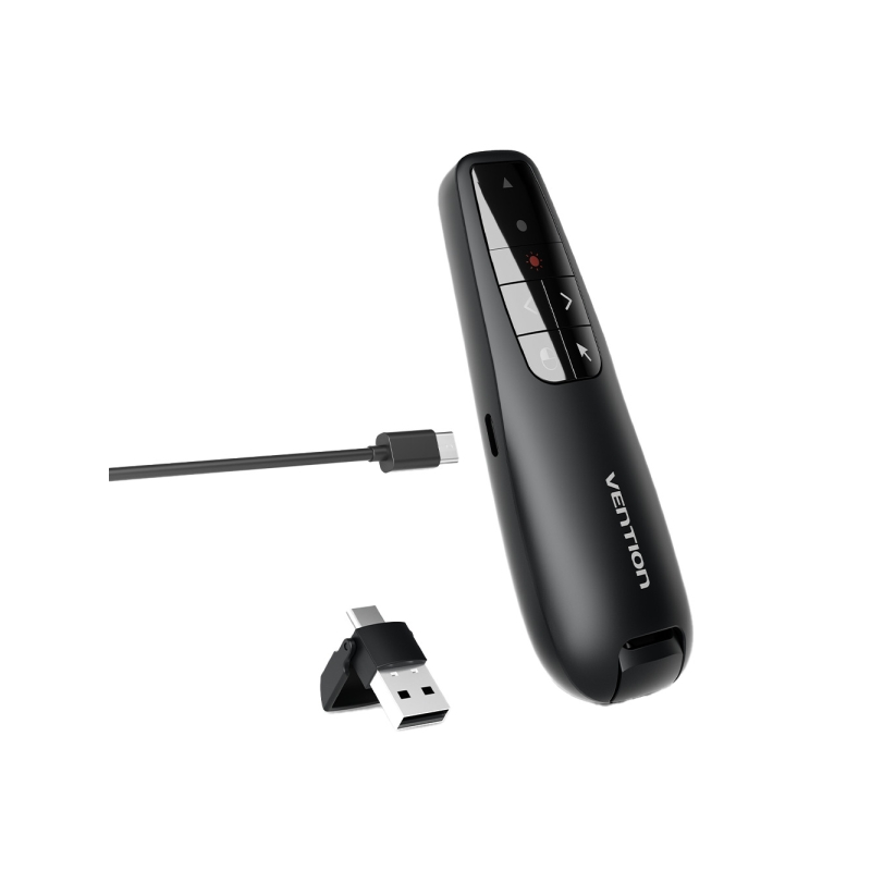 Présentateur sans fil Vention - Pointeur laser rouge - Batterie 200 mAh - Câble USB-C inclus - Portée jusqu'à 50 m - Contrôle du