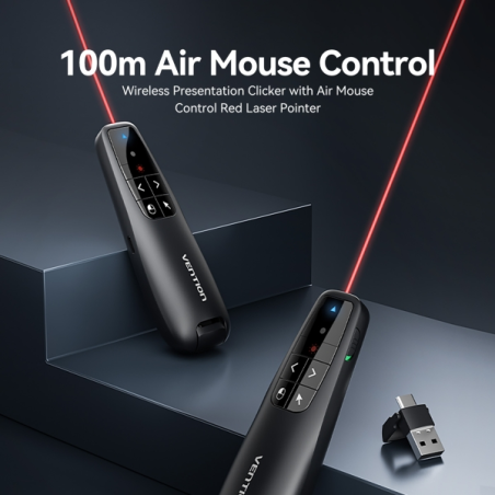 Présentateur sans fil Vention - Pointeur laser rouge - Batterie 200 mAh - Câble USB-C inclus - Portée jusqu'à 50 m - Contrôle du